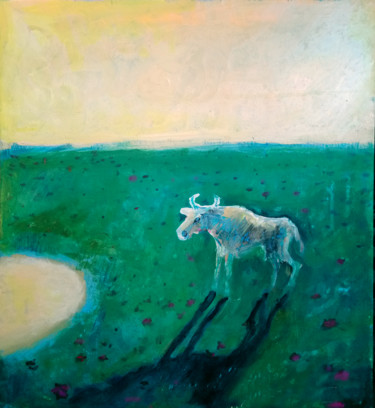 Lonely White Cow in the Fields.
